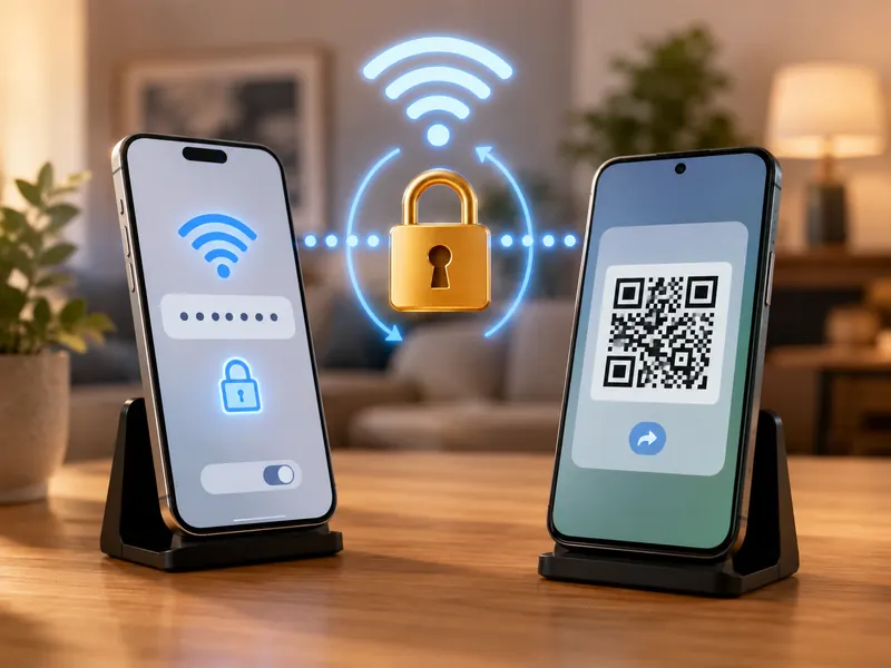 스마트폰 두 대에서 WiFi 암호 확인과 QR 코드 공유로 연결을 복구하는 장면