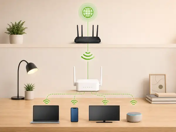 Access point mode network structure showing a main router and a secondary wireless access point