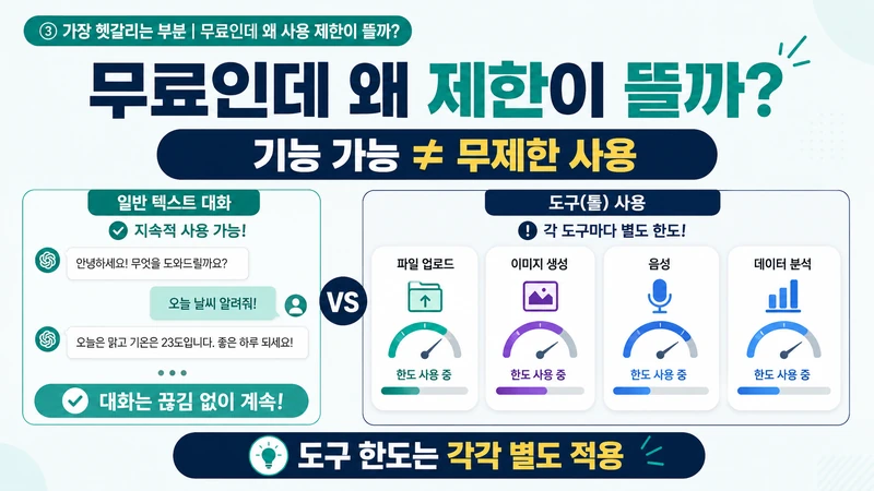 챗GPT 무료의 도구별 사용 한도 구조를 설명하는 이미지