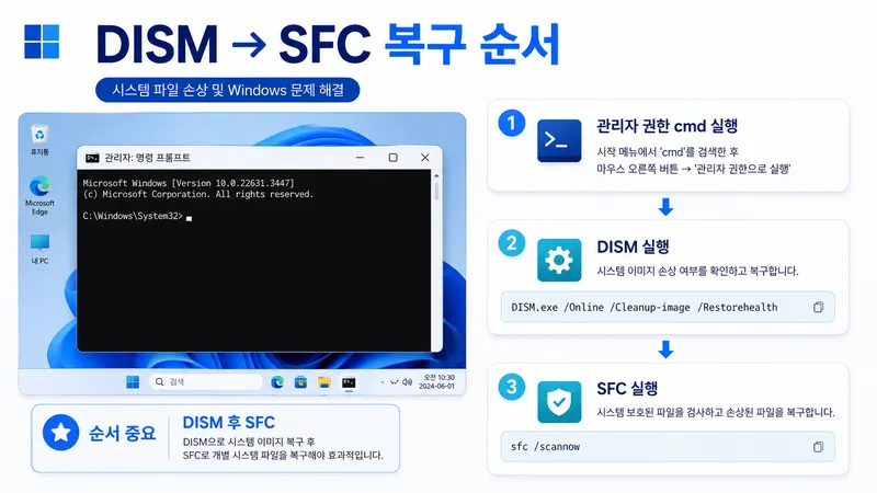 관리자 권한 명령 프롬프트에서 DISM 실행 후 SFC를 실행하는 Windows 11 복구 순서