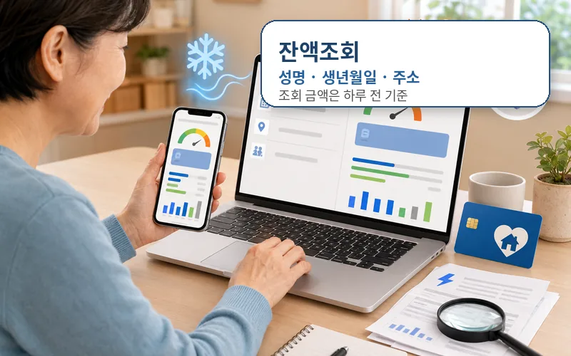 스마트폰이나 노트북으로 공식 잔액조회 화면을 확인하는 생활 장면. 개인정보나 실제 정부 화면을 그대로 복제하지 않고 조회 절차가 직관적으로 느껴지는 구성