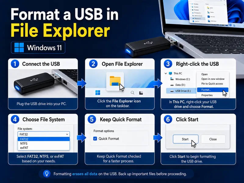 Steps to format a USB in Windows 11 File Explorer and choose FAT32, NTFS, or exFAT