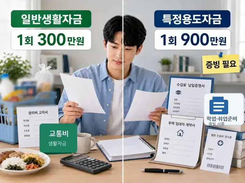 햇살론 유스 일반생활자금 1회 300만원과 특정용도자금 1회 900만원 및 특정용도 증빙서류 필요 여부를 비교한 이미지