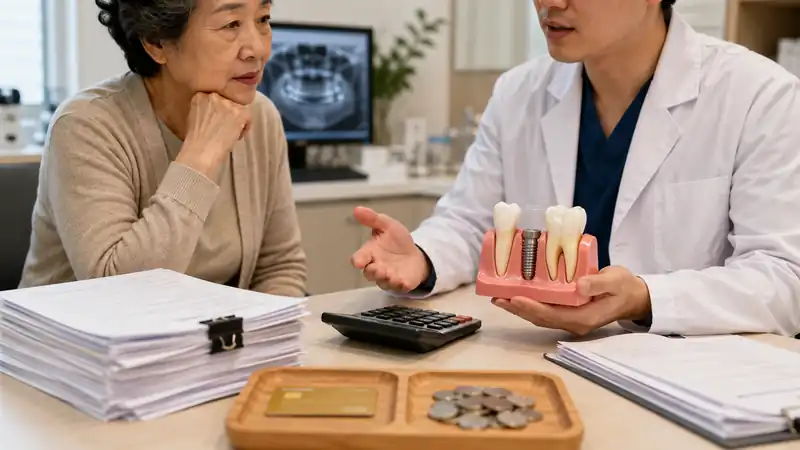 고령 환자가 치과의사와 임플란트 모형, 계산기, 서류를 두고 치료 비용을 상담하는 모습