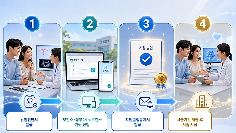 난임진단서 발급부터 지원 신청, 지원결정통지서 발급, 시술까지 이어지는 4단계 신청 절차