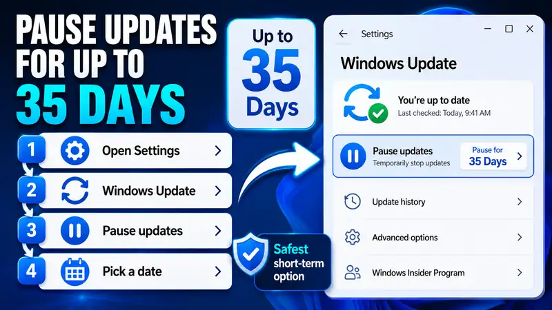 Steps to pause Windows updates for up to 35 days from Settings in Windows 11