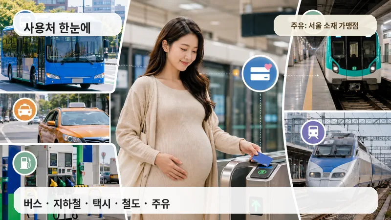 서울 임산부 교통바우처 사용처인 버스 지하철 택시 철도 주유소를 보여주는 이미지