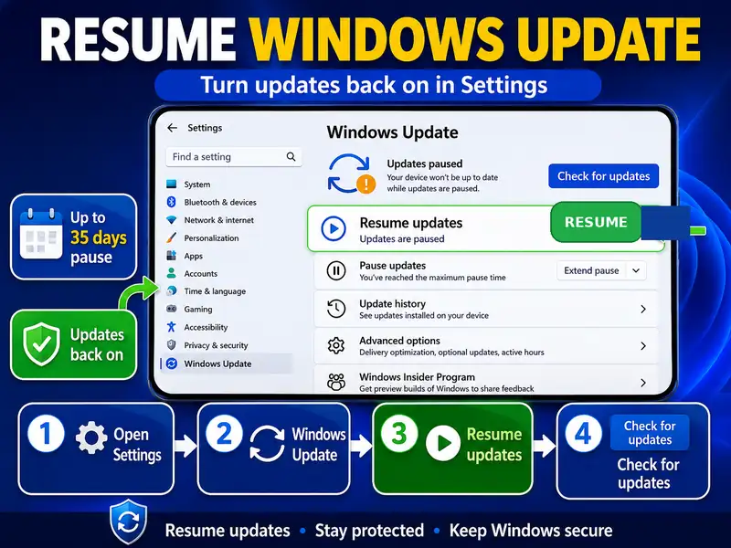 Steps to turn on Windows Update by resuming paused updates and checking for updates in Windows 11