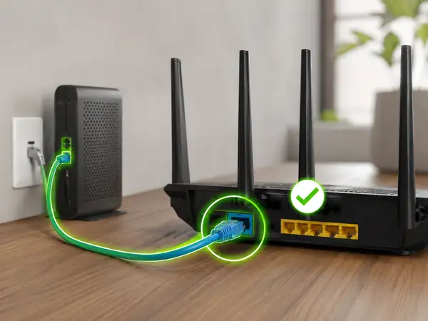 Ethernet cable connected between a modem and the router WAN port
