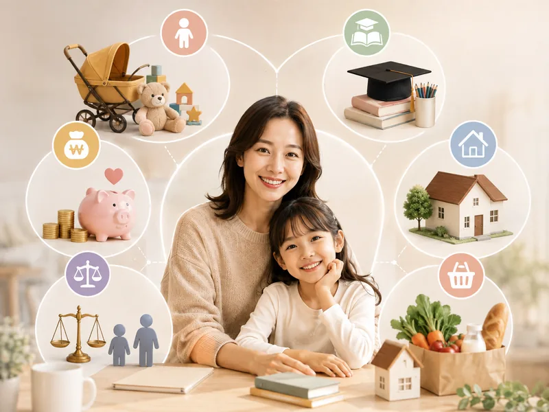 한부모와 자녀 주변에 양육비, 교육, 주거, 생활, 법률 지원을 상징하는 요소가 배치된 모습