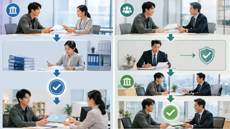 소상공인 정책자금 직접대출과 대리대출의 심사·실행 절차를 시각적으로 비교한 장면