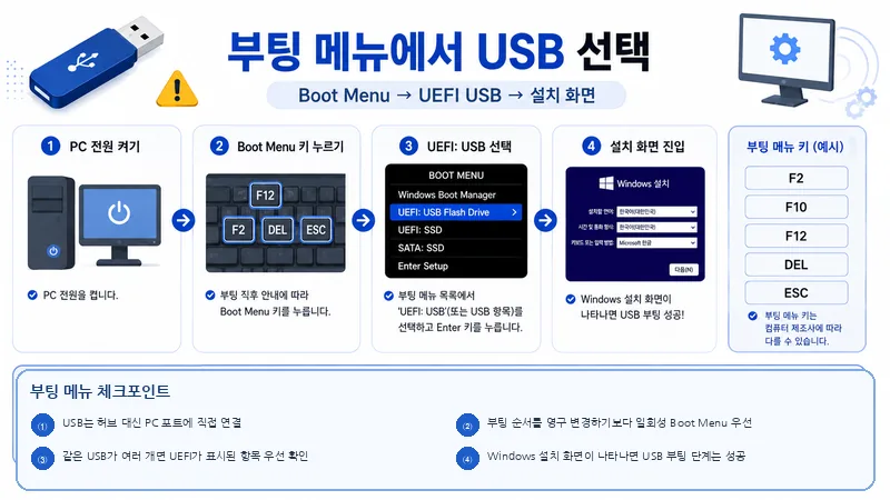 PC 전원을 켠 뒤 Boot Menu에서 UEFI USB를 선택해 Windows 설치 화면으로 진입하는 순서