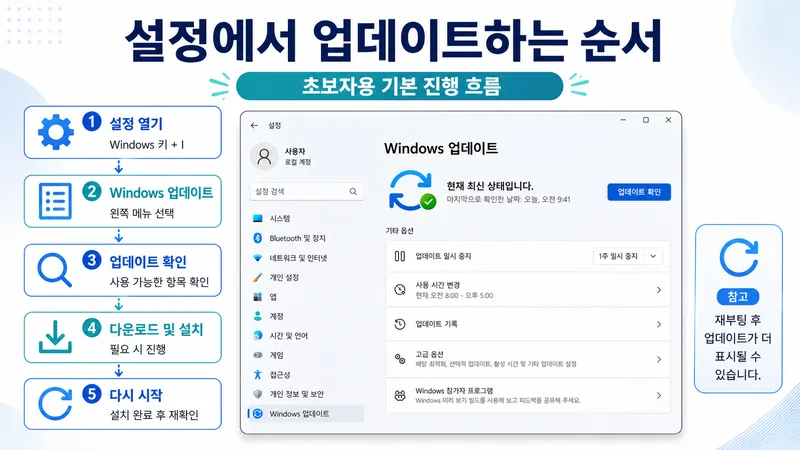 설정에서 Windows 11 업데이트를 진행하는 순서와 업데이트 확인, 다운로드 및 설치, 다시 시작 흐름을 보여주는 인포그래픽