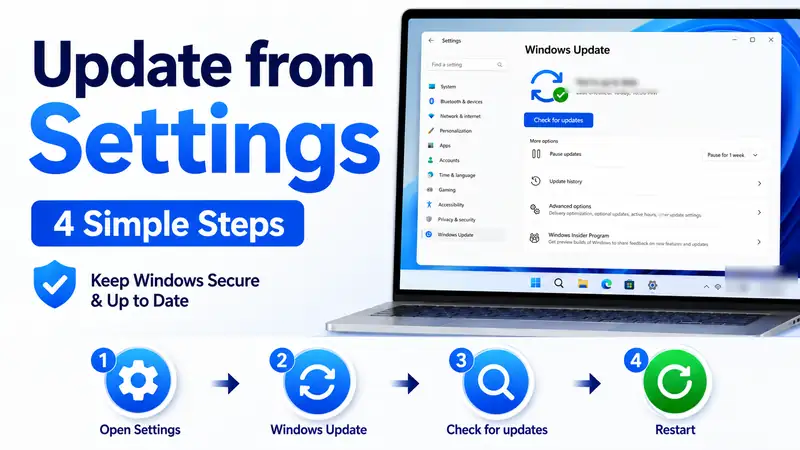 Four steps to update Windows 11 from Settings using Windows Update, Check for updates, and Restart