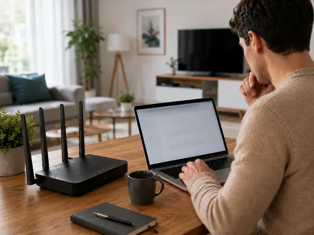 Person reviewing WiFi router administrator settings on a laptop
