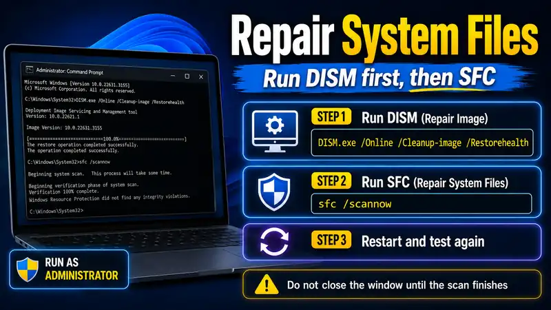 Windows 11 system file repair sequence running DISM first and SFC second