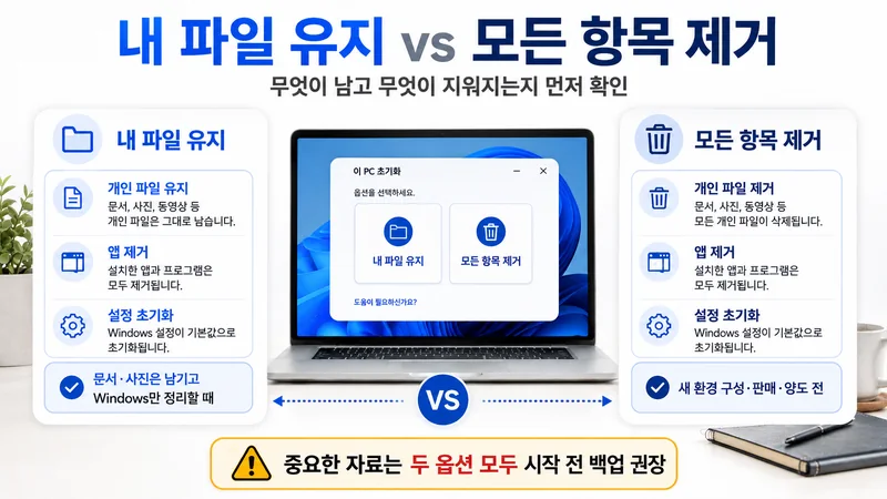 Windows 11 초기화에서 내 파일 유지와 모든 항목 제거 옵션의 개인 파일·앱·설정 차이를 비교한 이미지