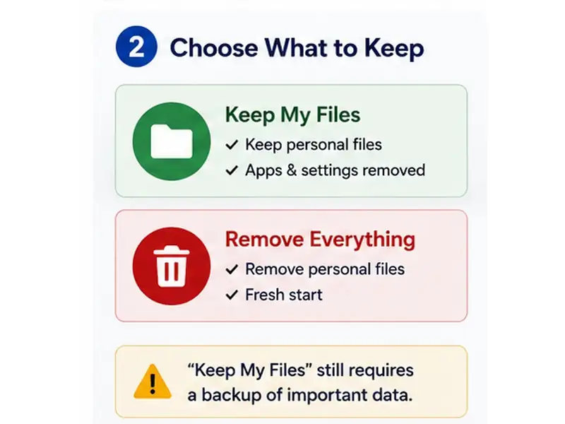 Windows 11 Keep my files versus Remove everything reset options