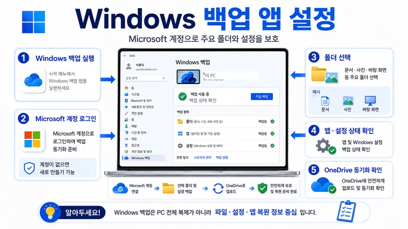 Windows 백업 앱 실행부터 Microsoft 계정 로그인, 폴더 선택, 앱·설정 확인, OneDrive 동기화까지 설명한 이미지