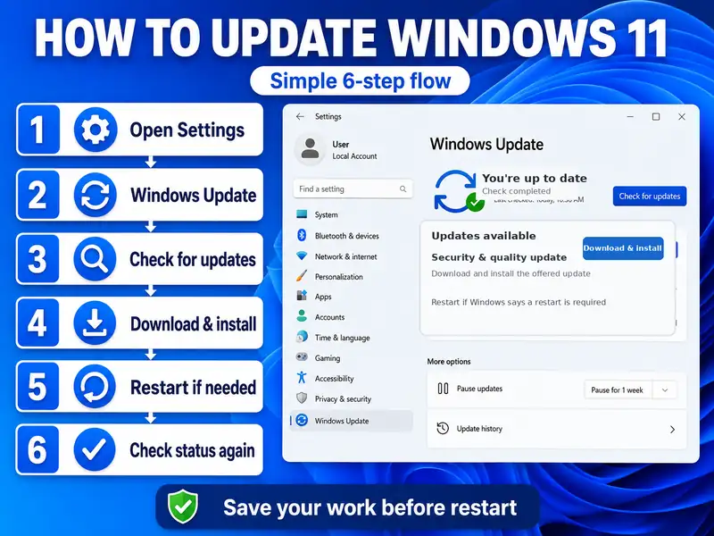 Windows Update in Windows 11 six-step flow from Settings and Check for updates to installation, restart, and status verification