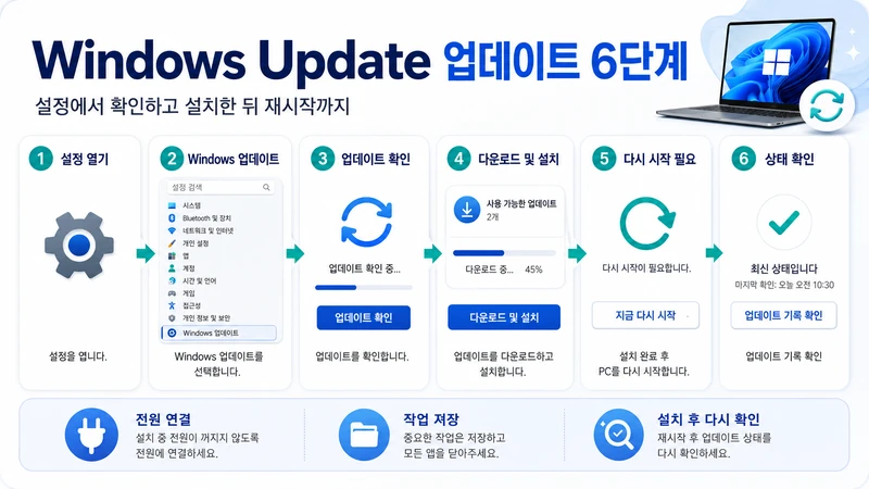 설정 열기부터 Windows 업데이트 선택, 업데이트 확인, 다운로드 및 설치, 다시 시작, 상태 확인까지 6단계로 정리한 Windows Update 진행 흐름 이미지
