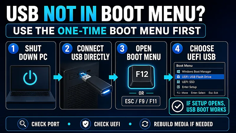 Steps to connect the USB directly, open the one-time Boot Menu, and select the UEFI USB entry