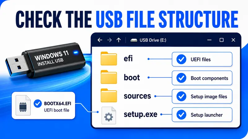 Windows installation USB file structure with efi, boot, sources, setup.exe, and BOOTX64.EFI