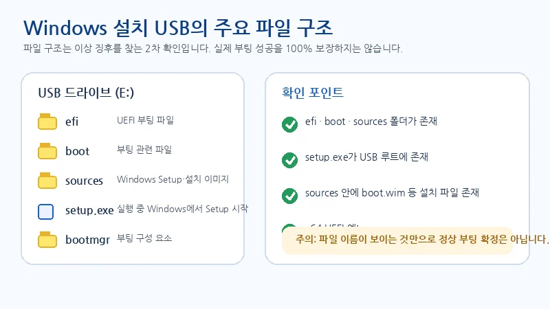 Windows 설치 USB의 efi, boot, sources, setup.exe와 UEFI 부팅 파일의 역할을 설명한 이미지