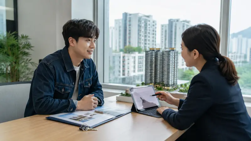 청년이 상담자와 아파트 모형과 서류를 보며 전세대출 이자지원 조건을 상담하는 장면