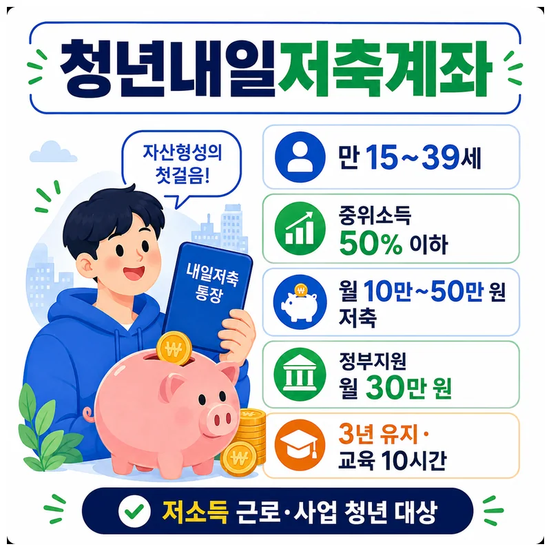 청년내일저축계좌 2026 만 15~39세·중위소득 50% 이하·월 10~50만원 저축·정부지원 월 30만원 구조