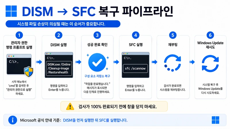관리자 권한 명령 프롬프트에서 DISM을 먼저 실행하고 성공 확인 후 SFC, 재부팅, Windows Update 재시도를 진행하는 6단계 복구 파이프라인