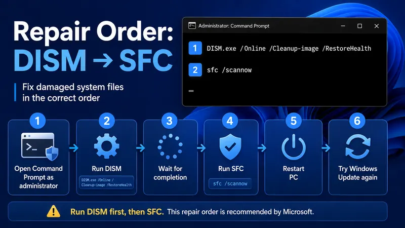 DISM then SFC repair order for fixing damaged Windows system files before restarting and retrying Windows Update