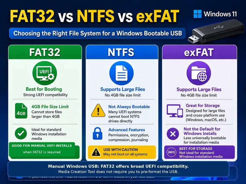 FAT32 vs NTFS vs exFAT comparison for UEFI boot compatibility, 4GB file limits, and USB storage