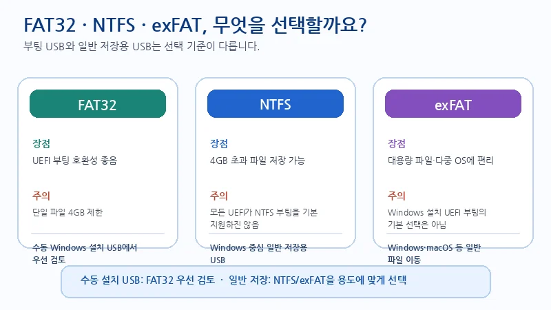 FAT32, NTFS, exFAT의 UEFI 부팅 호환성, 4GB 단일 파일 제한, 일반 저장 용도를 비교한 이미지