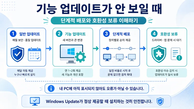 기능 업데이트가 보이지 않을 때 단계적 배포와 호환성 보류를 이해하도록 돕는 인포그래픽