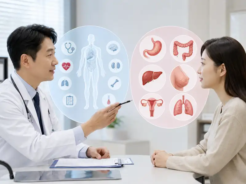 의사가 일반건강검진과 위암 대장암 간암 유방암 자궁경부암 폐암 검진 차이를 설명하는 장면
