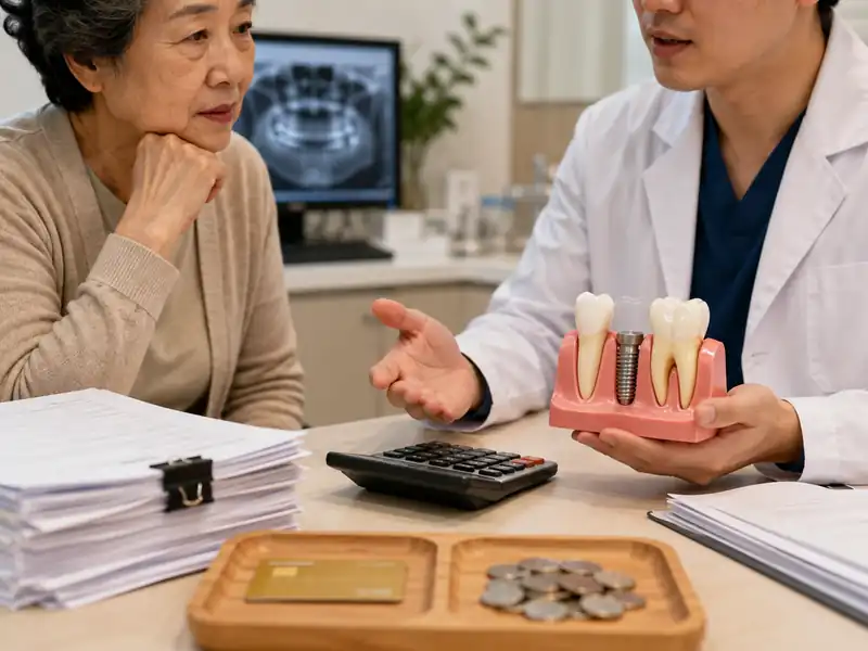 고령 환자가 치과의사와 임플란트 치료 서류와 계산기를 보며 견적 항목을 확인하는 모습