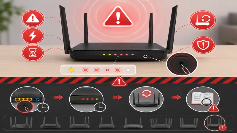 Warning-style infographic showing router hard reset cautions and LED checks
