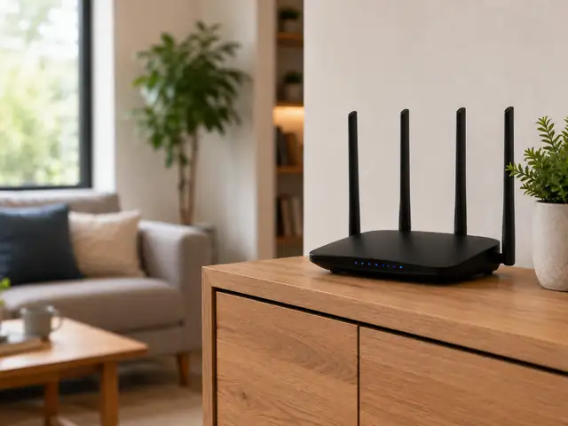 WiFi router placed above floor level on an open living-room cabinet