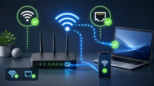 Checking WiFi and wired LAN connections between a router, laptop, and smartphone