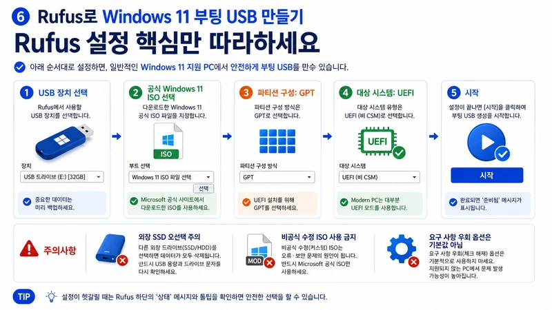 Rufus에서 정확한 USB 장치와 공식 Windows 11 ISO를 선택하고 GPT, UEFI 설정 후 부팅 USB를 만드는 핵심 순서와 주의사항