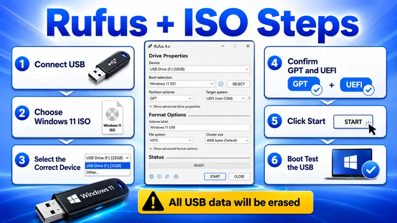 Rufus steps for creating a Windows 11 USB from an ISO using GPT and UEFI