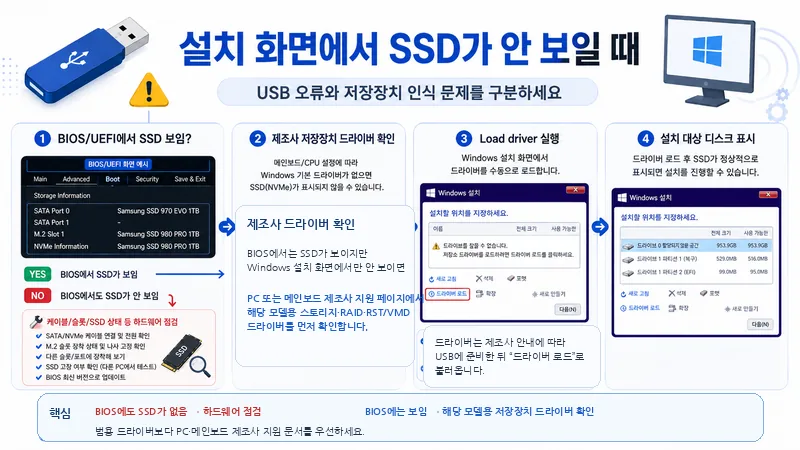 BIOS에서 SSD 인식 여부를 확인하고 제조사 저장장치 드라이버를 로드해 설치 대상 디스크를 표시하는 흐름