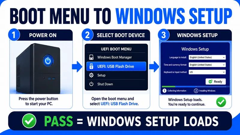UEFI USB boot test from power on and Boot Menu selection to Windows Setup