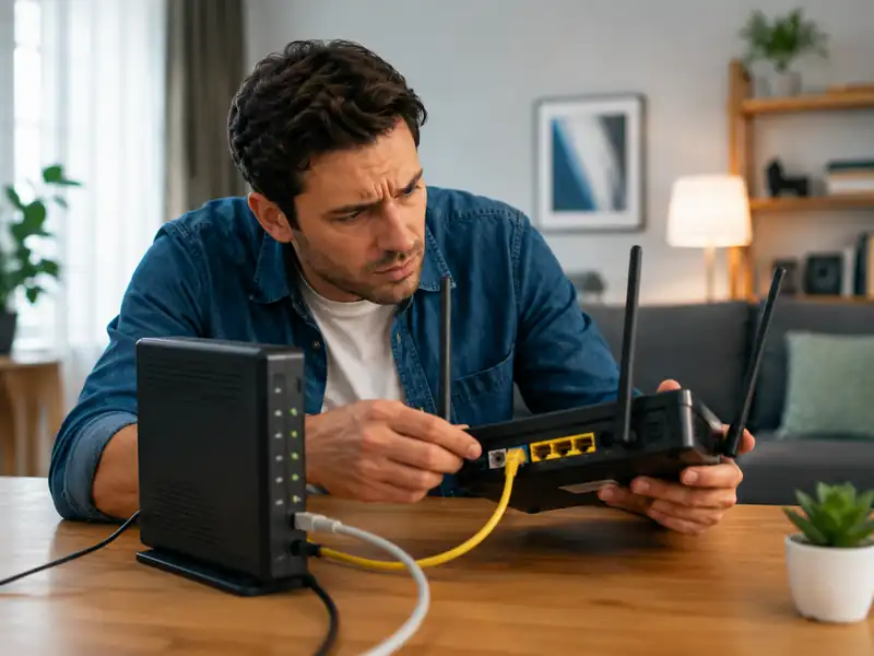 Inspecting router and modem cables to check the home internet connection