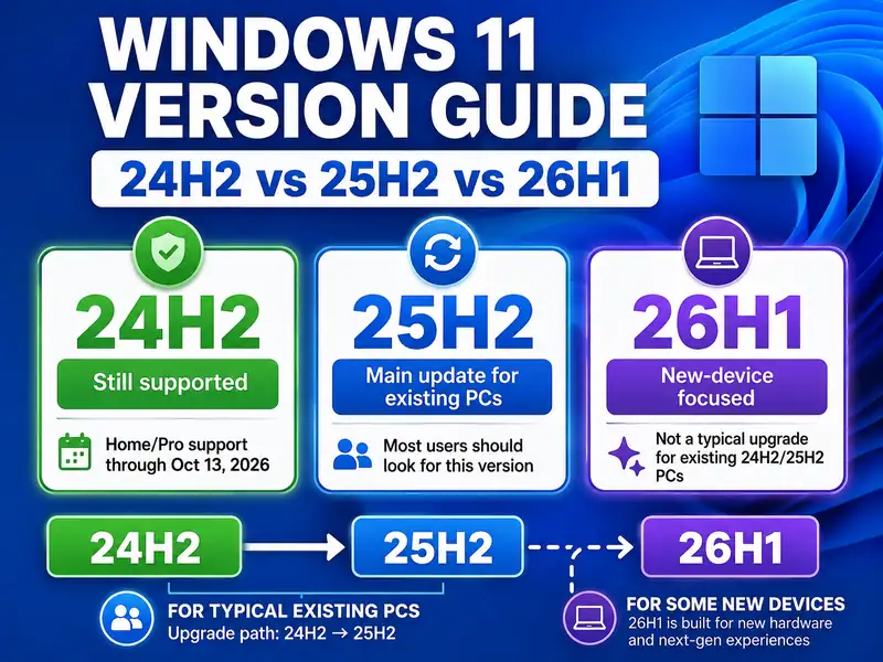 Windows 11 2026 version map showing 24H2 support, the existing-PC 25H2 path, and the select-new-device 26H1 path