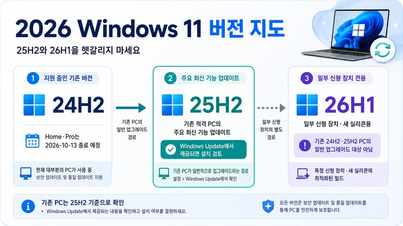 2026년 기준 Windows 11 24H2, 25H2, 26H1의 역할과 일반 기존 PC 경로 및 일부 신형 장치 전용 경로를 구분한 버전 지도 이미지