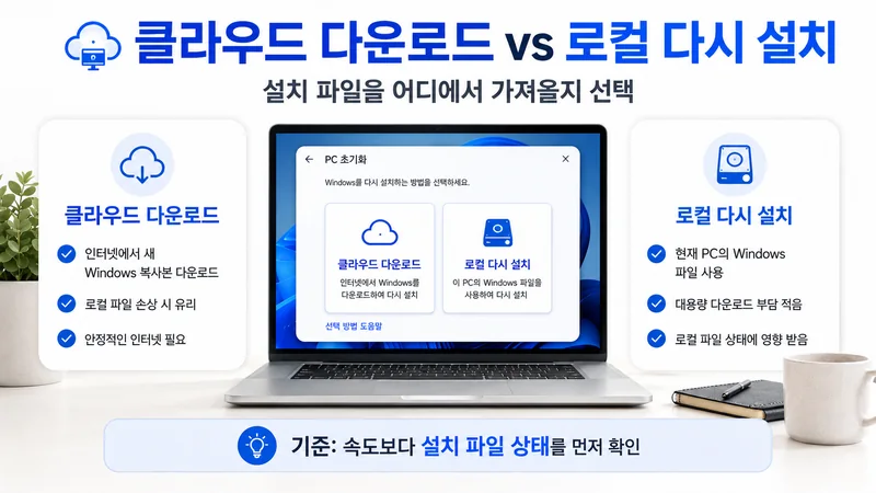 Windows 11 초기화에서 클라우드 다운로드와 로컬 다시 설치의 차이와 선택 기준을 비교한 이미지