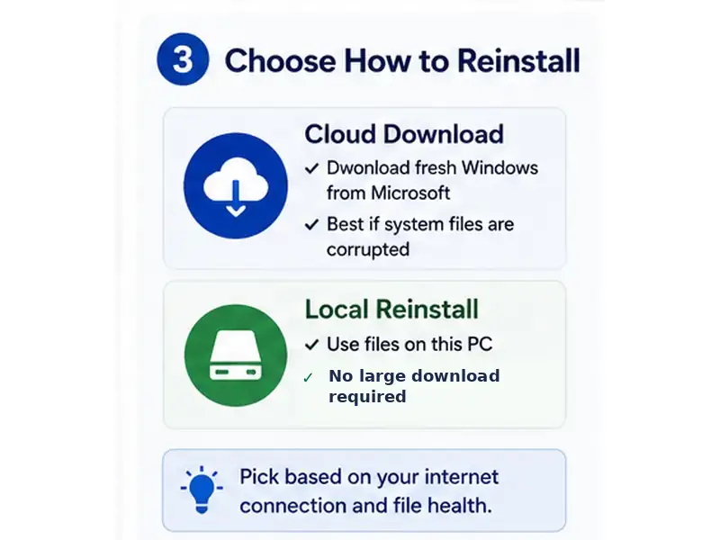 Windows 11 Cloud download versus Local reinstall reset choices