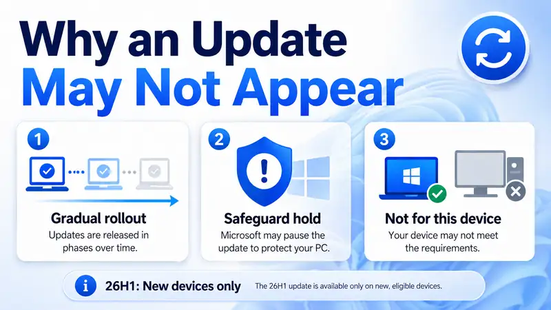 Why a Windows 11 feature update may not appear because of gradual rollout, safeguard holds, or device eligibility